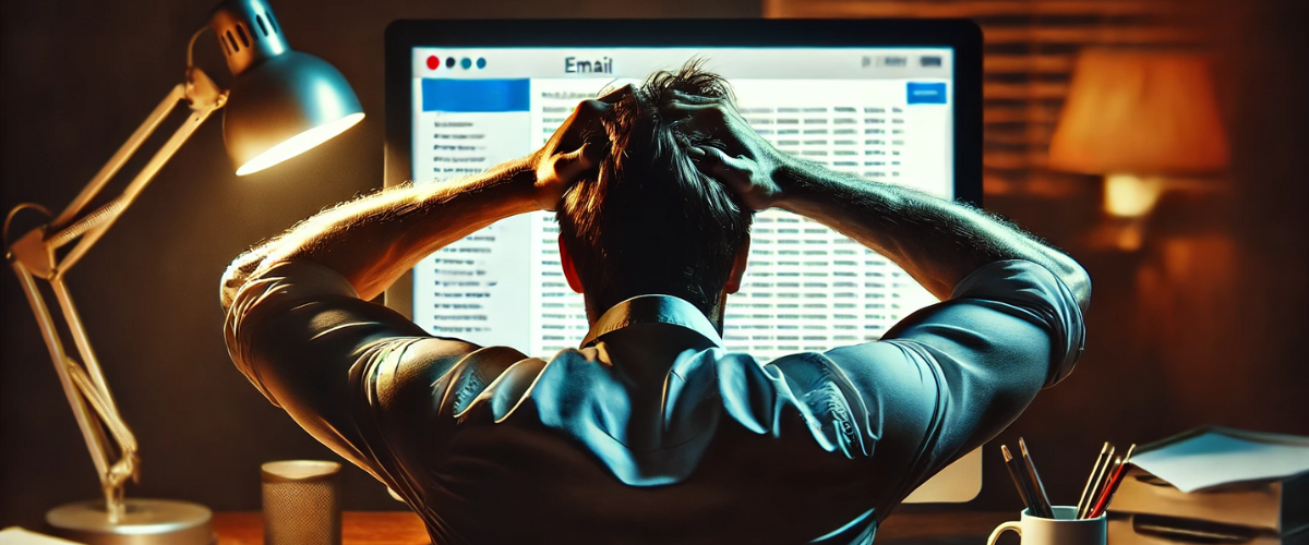 Stressed man looking at his email inbox.