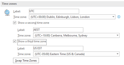 Outlook's multiple time zones option