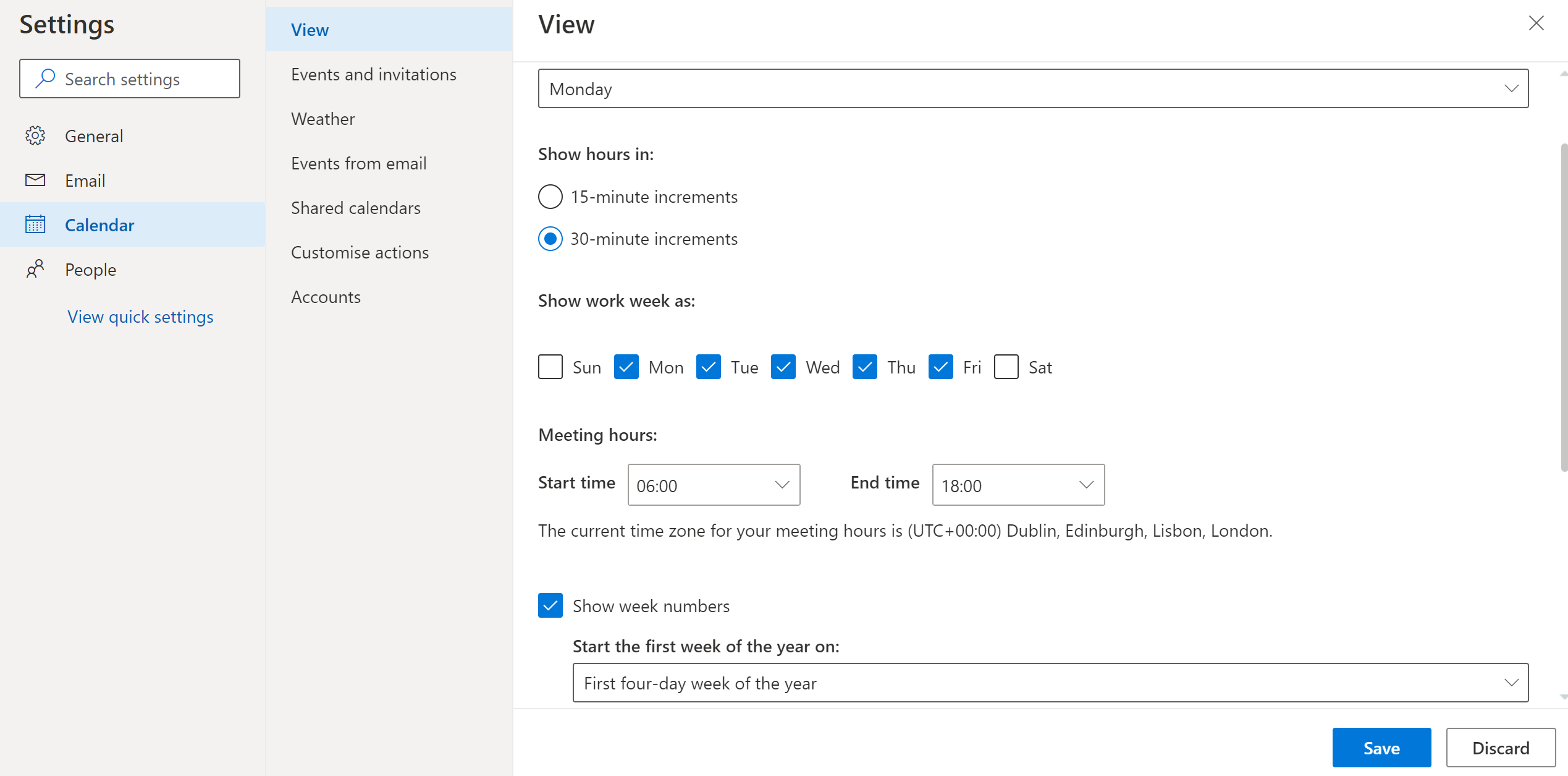 Outlook Web App Calendar Settings